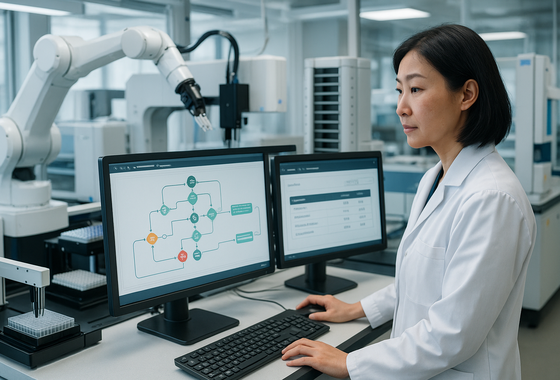 Lab automation engineer monitoring workcell orchestration with approval gates dashboard