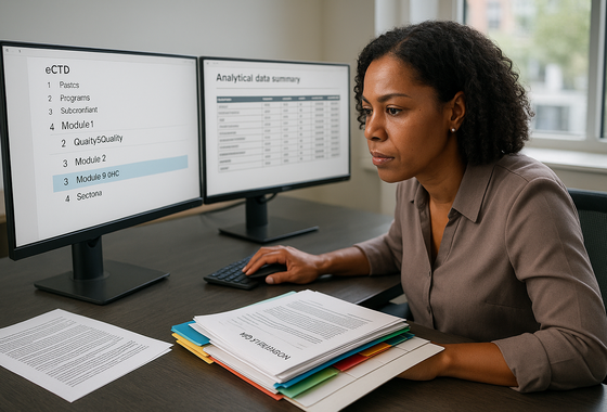 Regulatory scientist compiling IND submission documents with cross-reference dashboard
