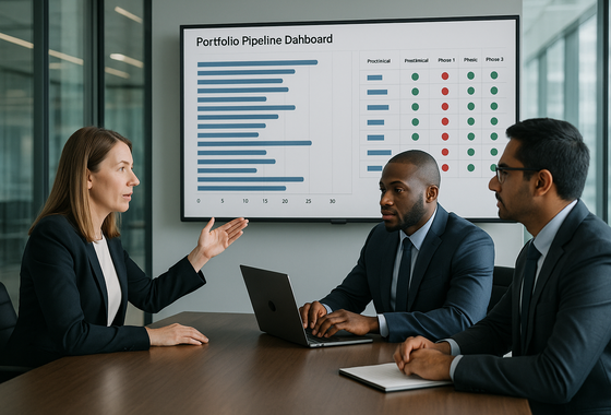 R&D executive reviewing cross-program portfolio analytics on a conference room display