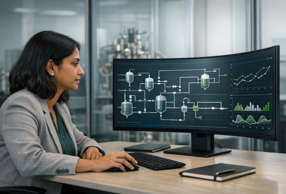 Process scientist reviewing digital twin simulation parameters on a workstation