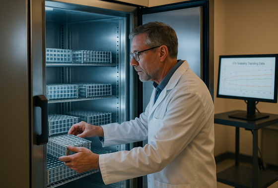 Scientist analyzing stability trending data with Arrhenius shelf-life prediction charts