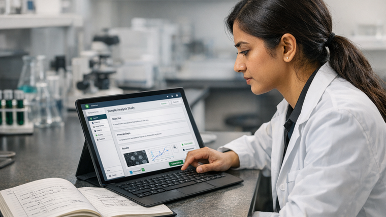 Scientist working at a digital Electronic Lab Notebook workstation with a physical notebook nearby