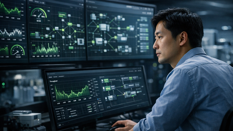 IT professional monitoring real-time data streaming dashboards in a modern data infrastructure environment