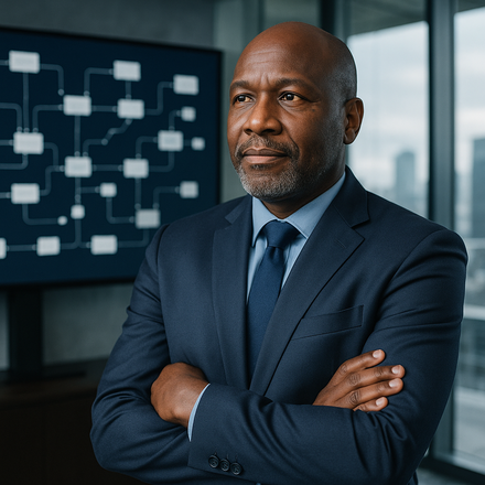Chief Data Officer in executive office reviewing data architecture diagram