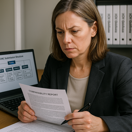 CMC regulatory lead reviewing submission documents at desk with ICH guidelines
