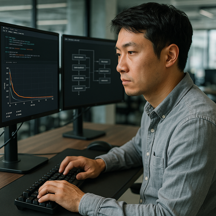 Data scientist at multi-monitor workstation with ML training dashboard