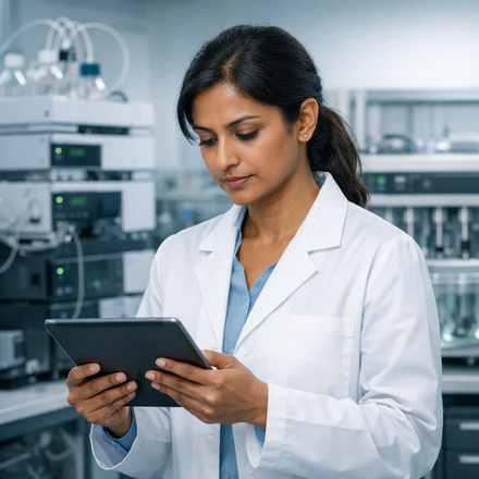 Development scientist reviewing technology transfer document on a tablet in a process development lab