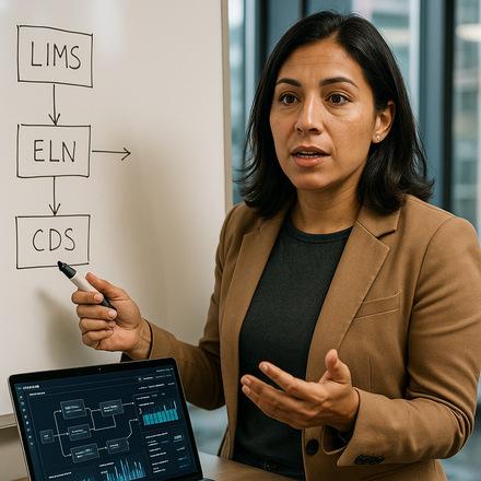 Integration lead drawing system architecture on whiteboard connecting LIMS, ELN, and CDS