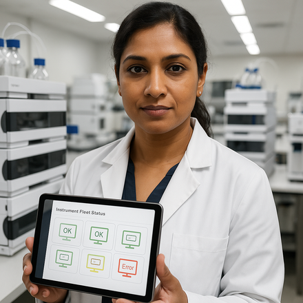 Lab operations manager with tablet reviewing instrument fleet in an analytical lab