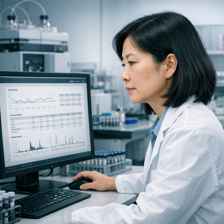 QC lead reviewing batch release data and control charts on a monitor in a pharmaceutical QC laboratory