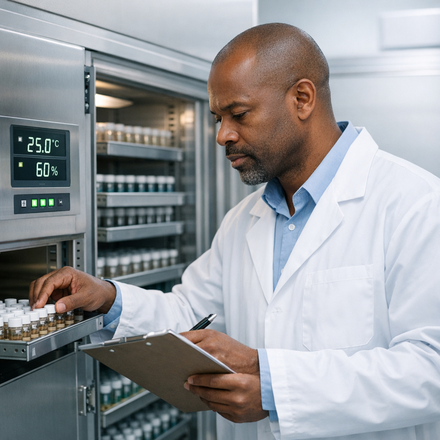 Stability scientist checking sample trays and chamber controls in a pharma stability testing area