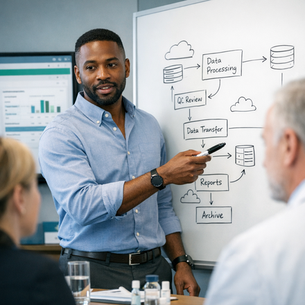 Customer success expert collaborating with a pharma team in a conference room