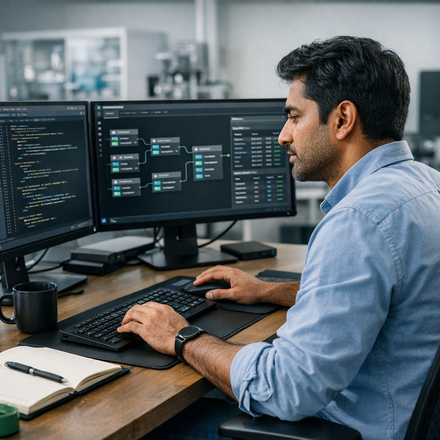 Data engineer working at a multi-monitor workstation with code and data pipeline diagrams