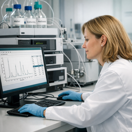 Pharmaceutical scientist in an analytical lab reviewing chromatography data
