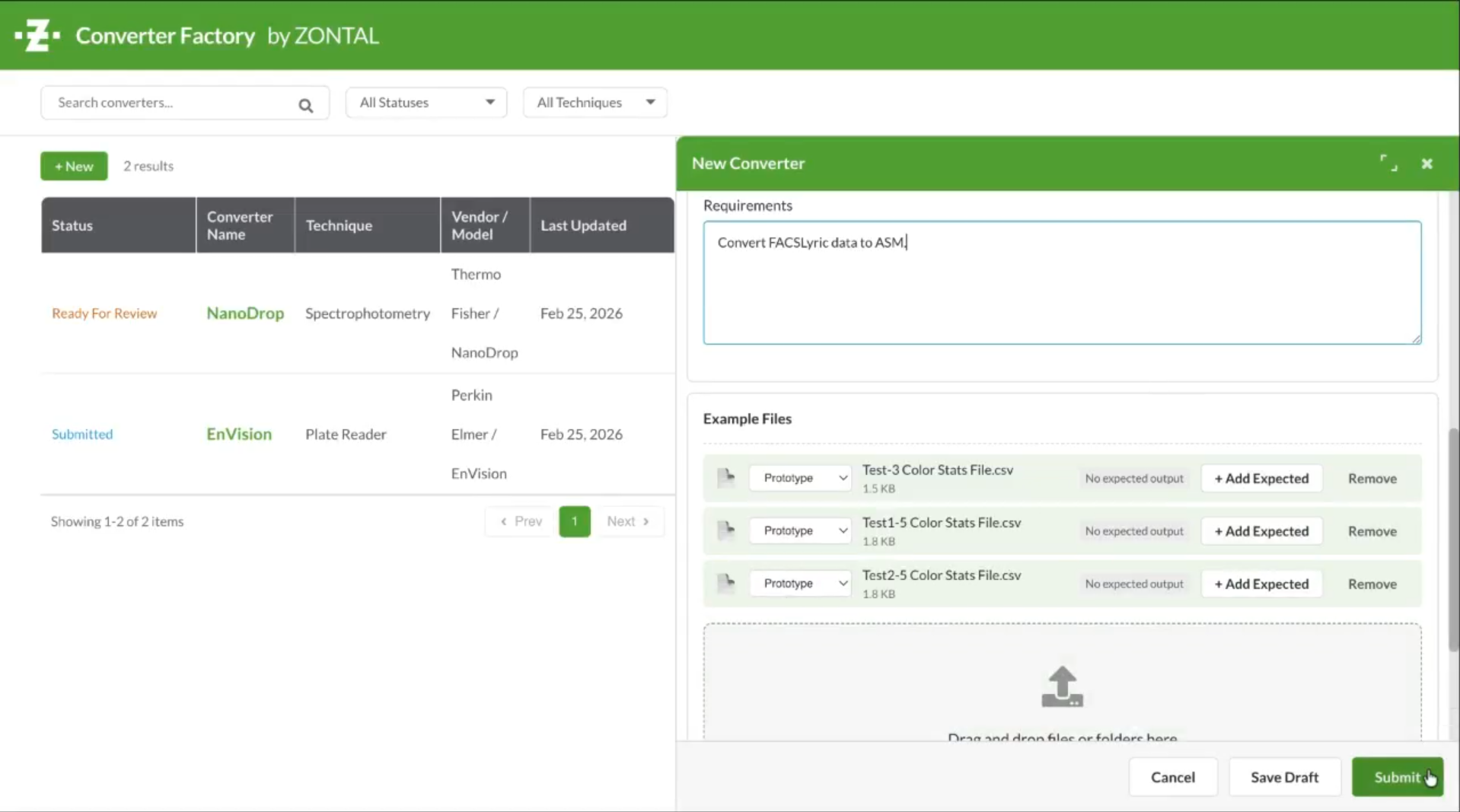 Converter Factory new converter dialog for FACSLyric flow cytometry data showing requirements field, three prototype test files uploaded, and Submit button