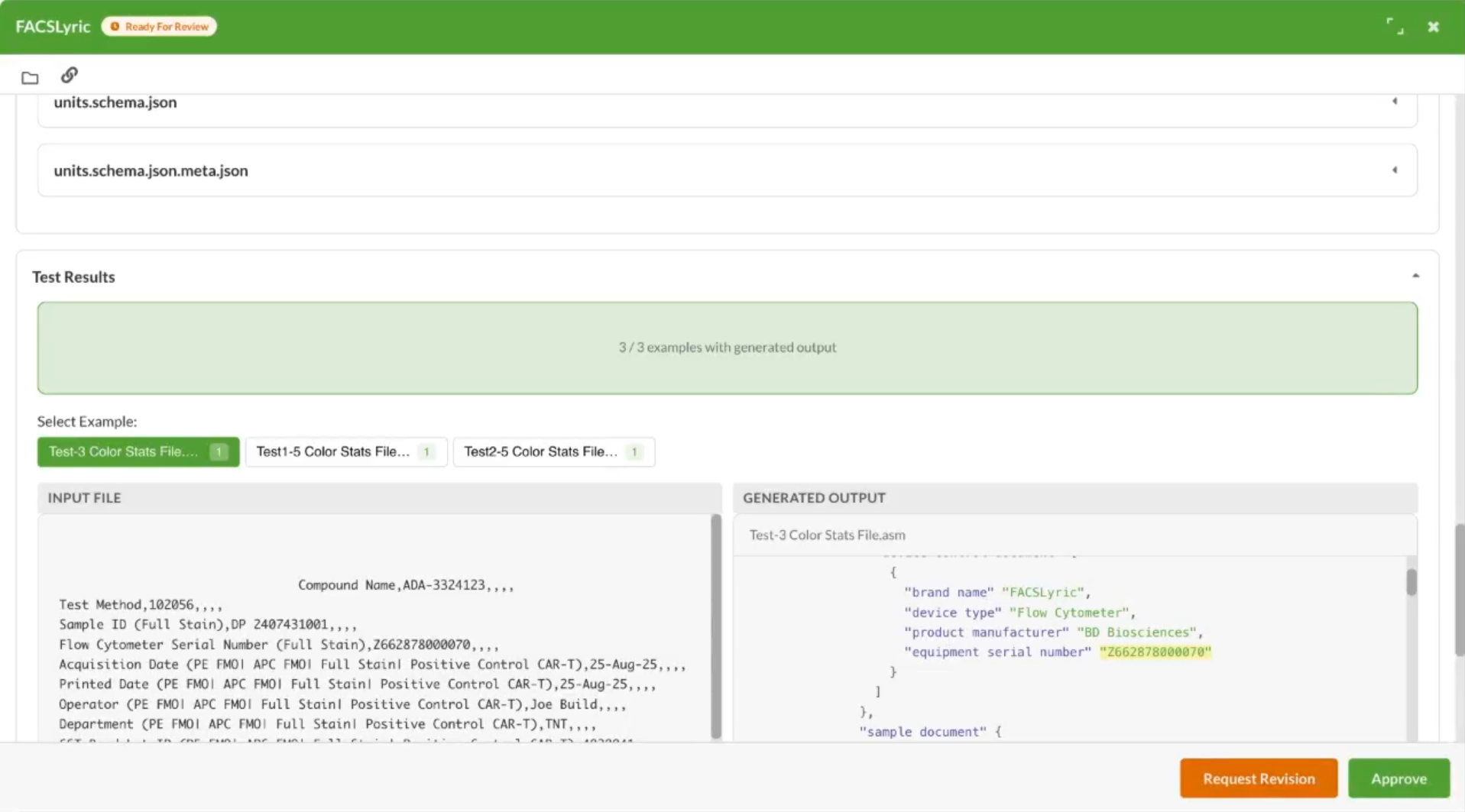 Converter Factory review screen for FACSLyric showing 3/3 test examples with generated output, input CSV on the left and generated ASM JSON on the right with brand name, device type, serial number mapped correctly