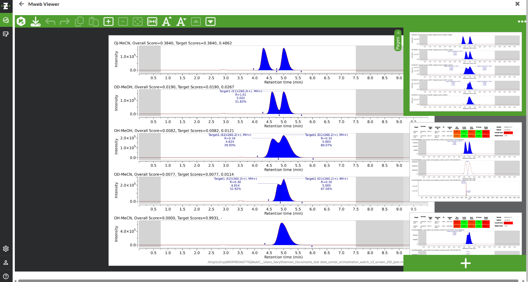 SciYNova Web chiral method screening results showing five column and solvent conditions with chromatograms and enantiomeric scoring