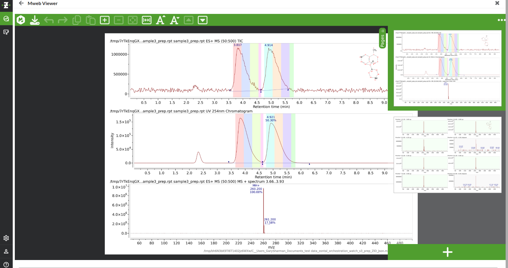 SciYNova Web preparative separation showing TIC and UV chromatograms with fraction collection windows and ESI+ mass spectrum confirming MH+ 260.200