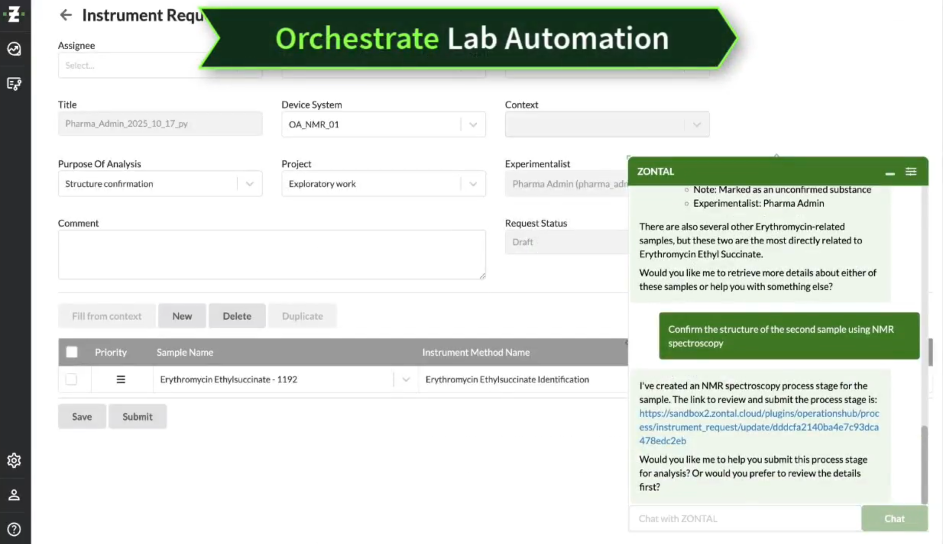 ZONTAL Operations instrument request form showing Erythromycin Ethylsuccinate NMR analysis with AI assistant creating process stages and offering to submit for analysis