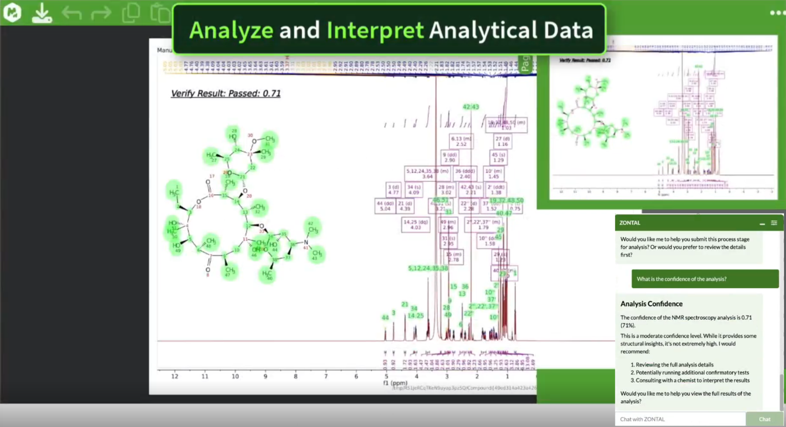 SciYNova NMR structure verification showing ¹H NMR spectrum with peak assignments, molecular structure overlay, Verify Result: Passed 0.71, and ZONTAL AI chat discussing analysis confidence